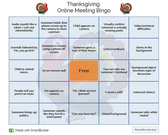 Thanksgiving Bingo game board